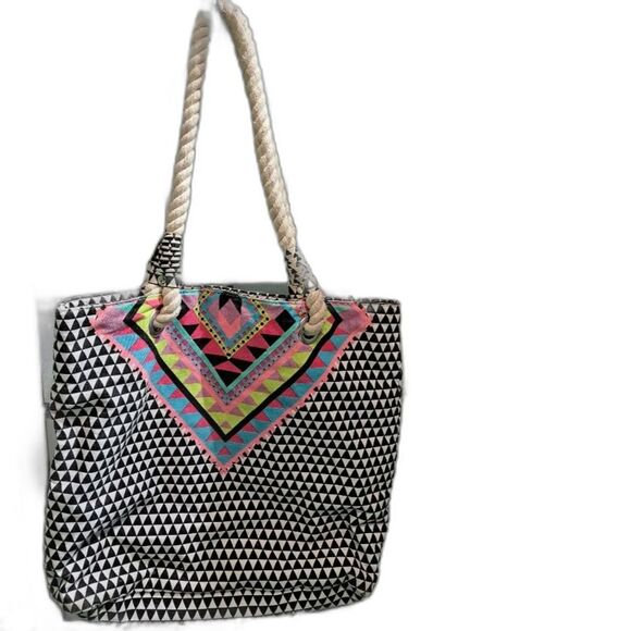 Boho tote bag black white multicolor geometric design rope handle pink interior - Picture 1 of 8